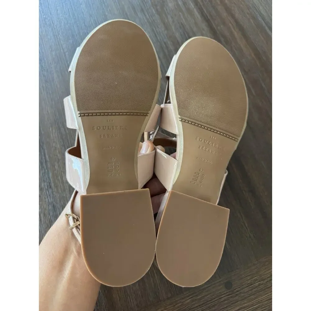 Sezane Nude Sandals Women’s 40 9 Low Evie Light Pink Patent Leather Bow